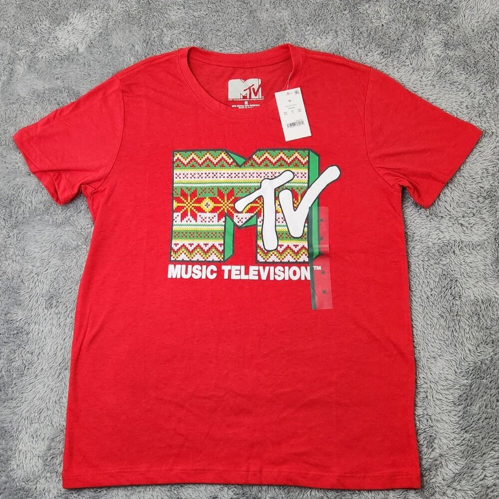 MTV Music Television T-Shirt Womens‎ M Red Ugly Sweater Graphic Cotton Xmas Tee